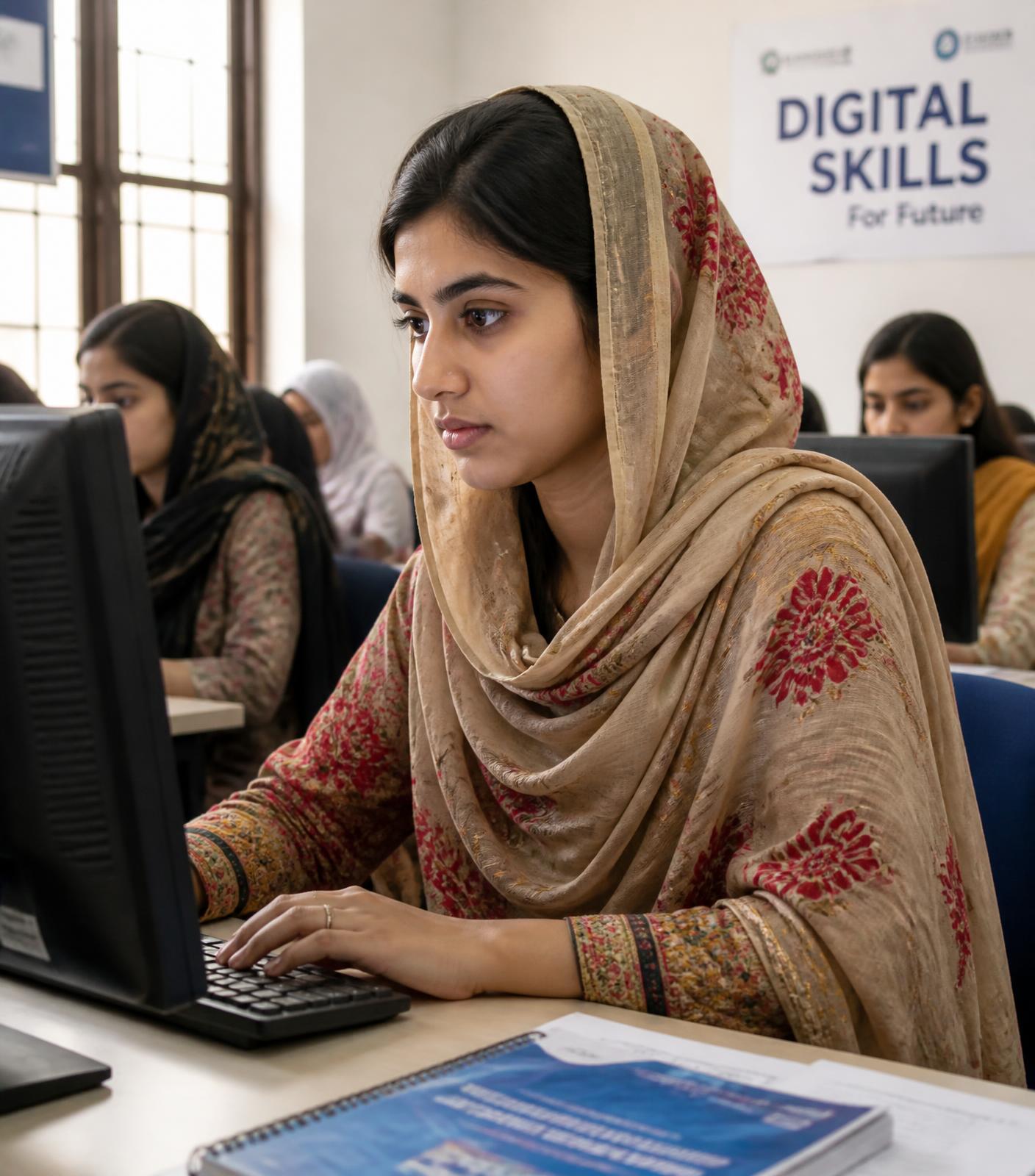 A young woman working at a computer in a digital skills classroom