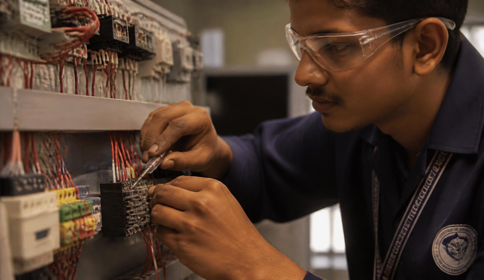 A young electrical trainee wiring a control panel while wearing safety glasses