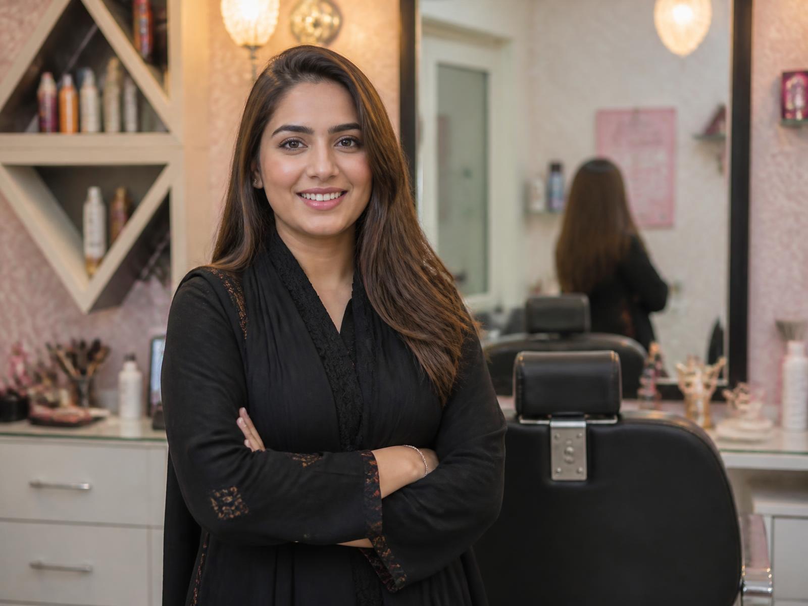 Ansa standing in the beauty salon business she founded after training with Hunar