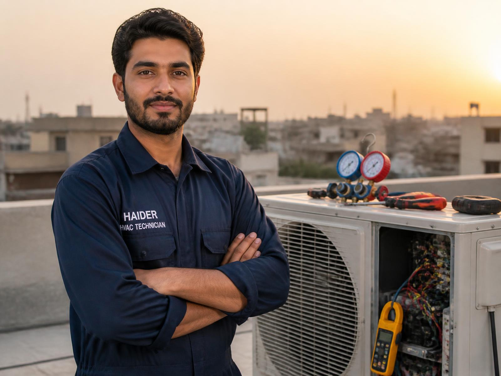 Hasnain, a Hunar-trained HVAC technician, standing beside air conditioning equipment at sunset