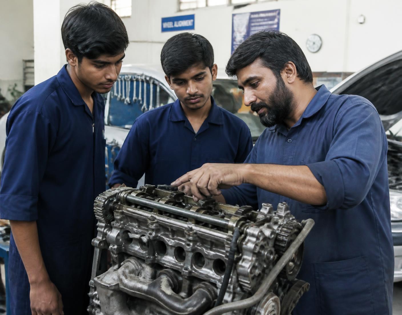 An instructor teaching two young apprentices at a car engine in an automotive training workshop